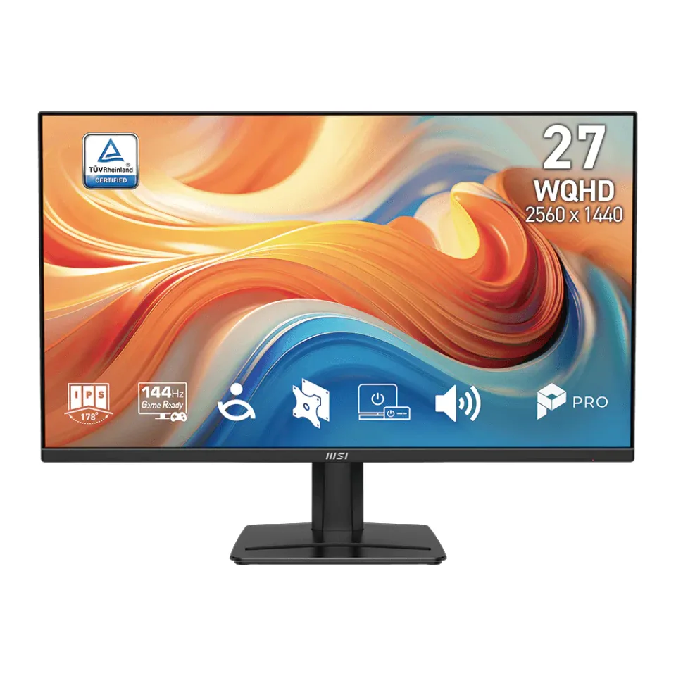 จอมอนิเตอร์ MSI ซีรีส์ PRO หน้าจอ 27 นิ้ว WQHD 2560 x 1440 IPS มุมมอง 178 องศา รีเฟรช 144Hz พร้อมขาตั้งสีดำและตรารับรอง TÜV Rheinland