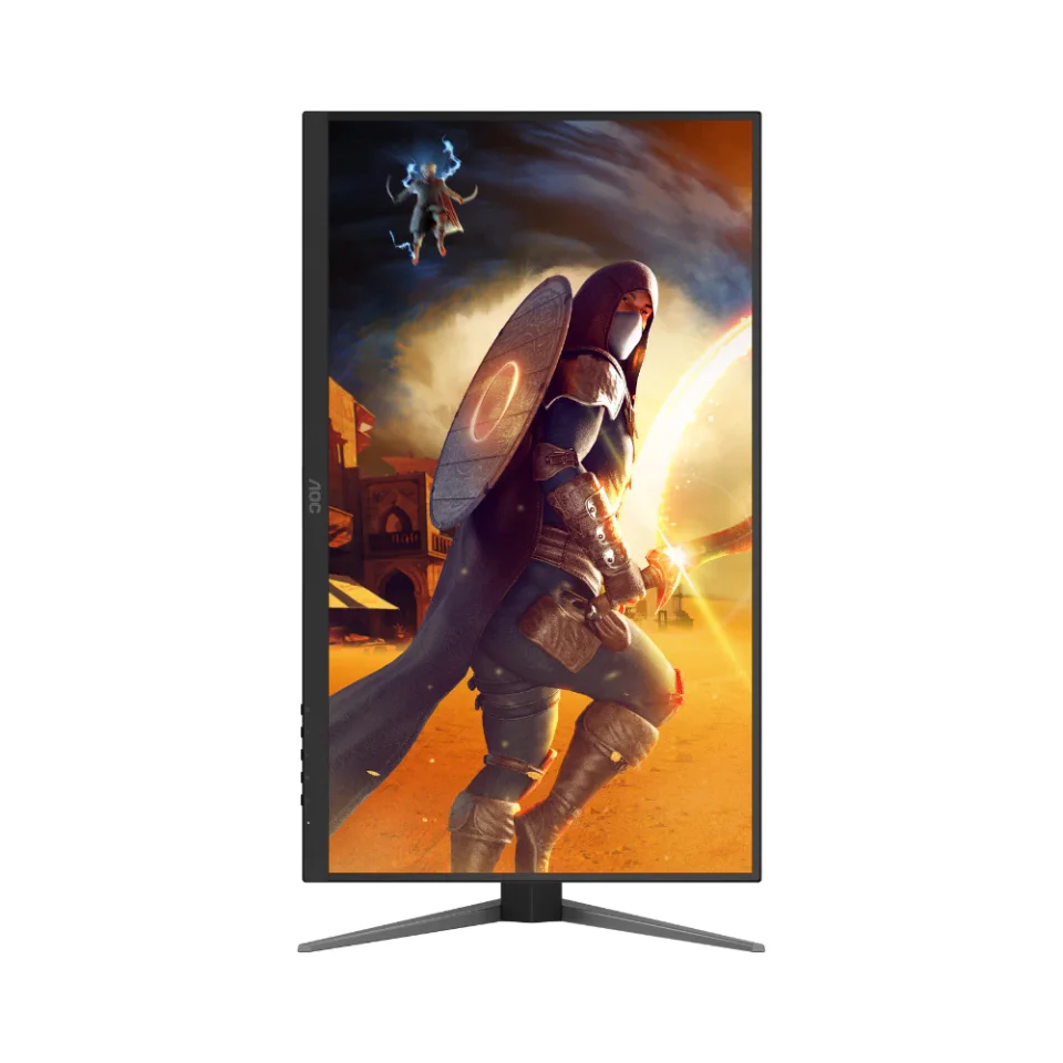 จอเกมมิ่ง AOC วางแนวตั้ง ขอบและขาตั้งสีดำ หน้าจอแสดงภาพศิลปะจากเกม มีปุ่มกดด้านข้าง