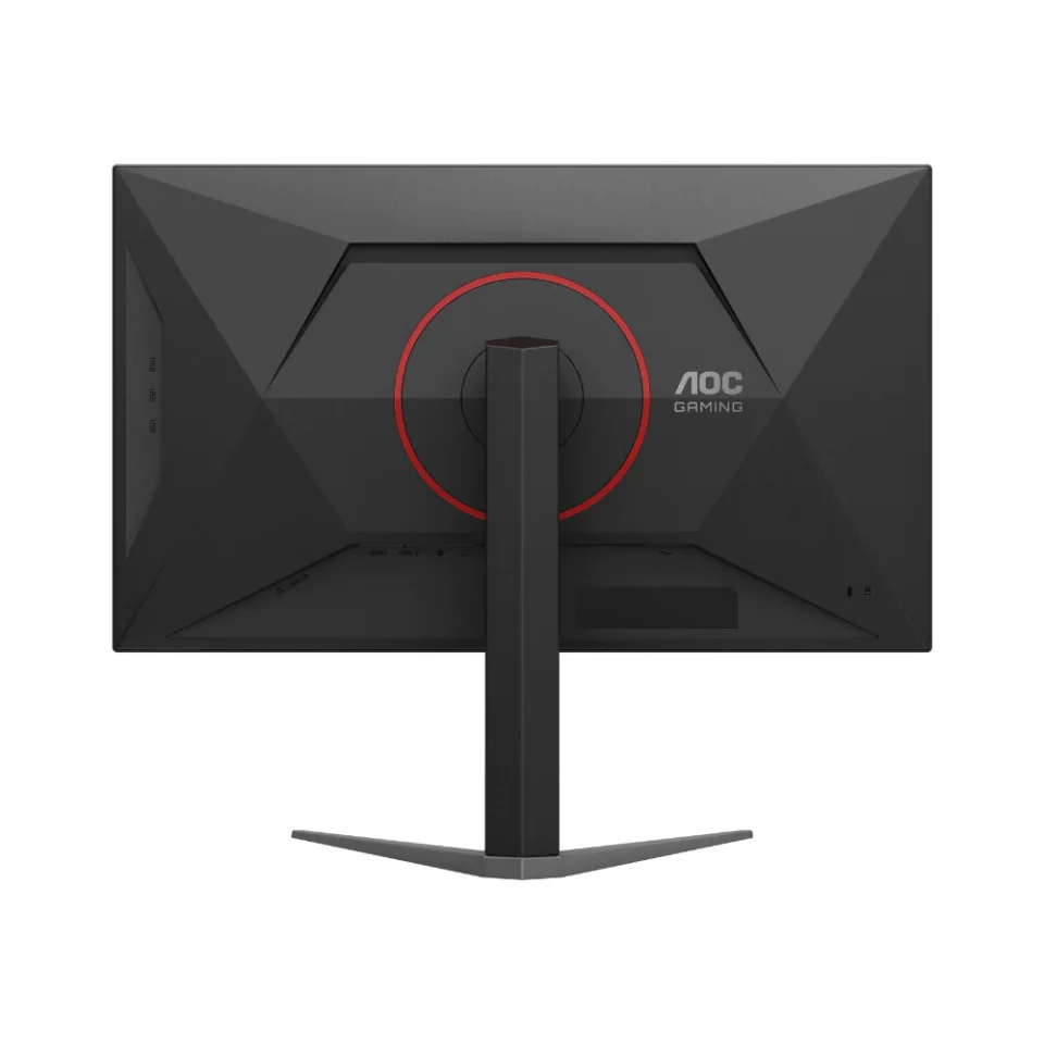 มุมหลังจอเกมมิ่ง AOC สีดำมีวงแหวนสีแดง ขาตั้งรูปตัว V พร้อมช่องพอร์ตด้านล่างและปุ่มควบคุมด้านซ้าย